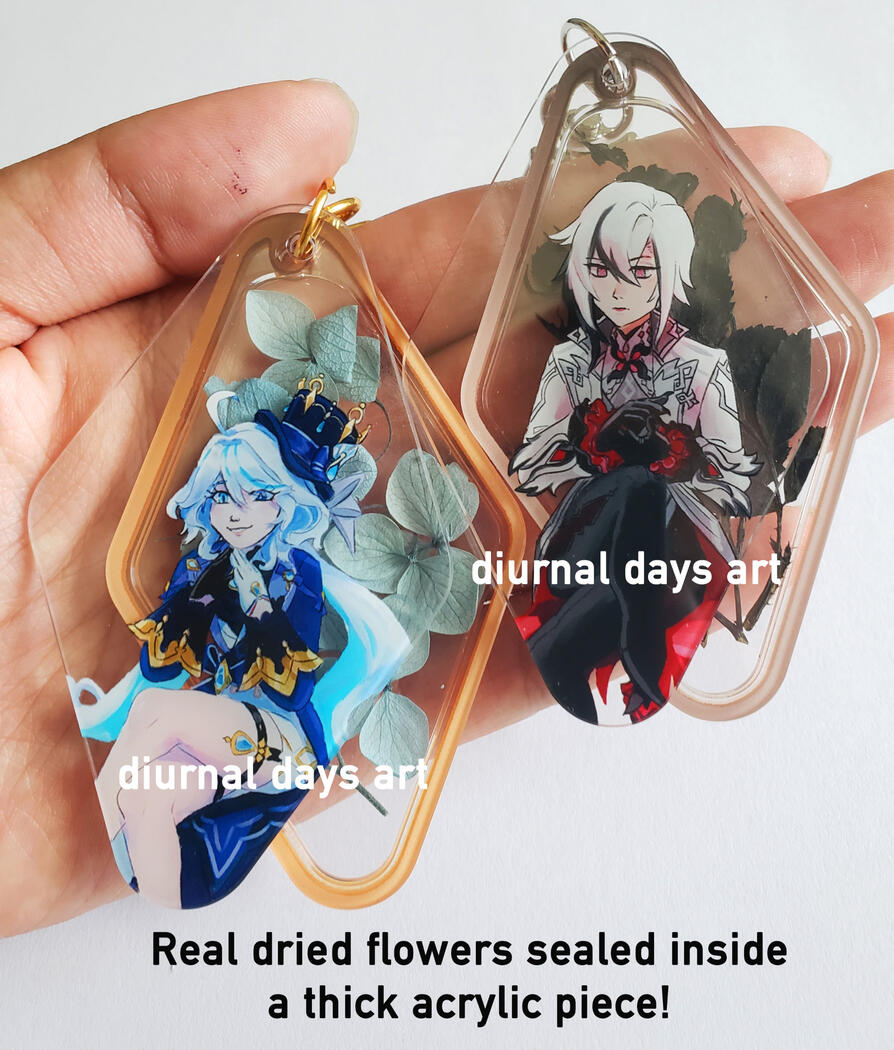 Genshin Impact fanart - Furina and Arlecchino dried flower keychains