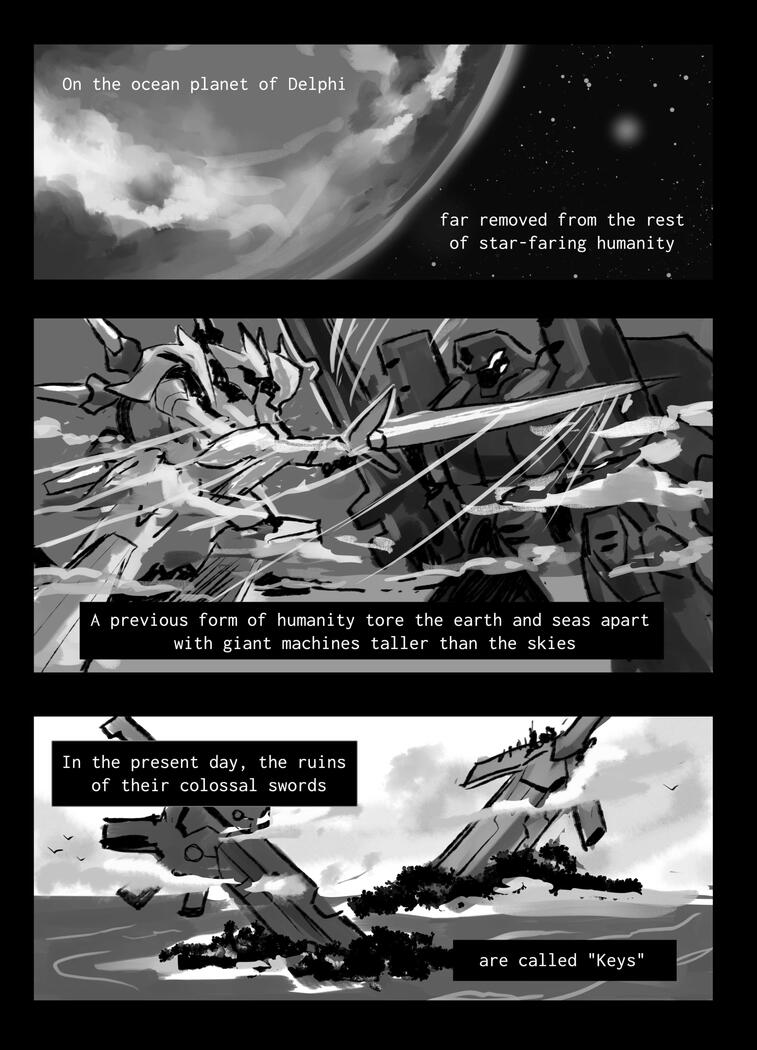 Page 1 of my original mecha comic "Blade of Seafoam"